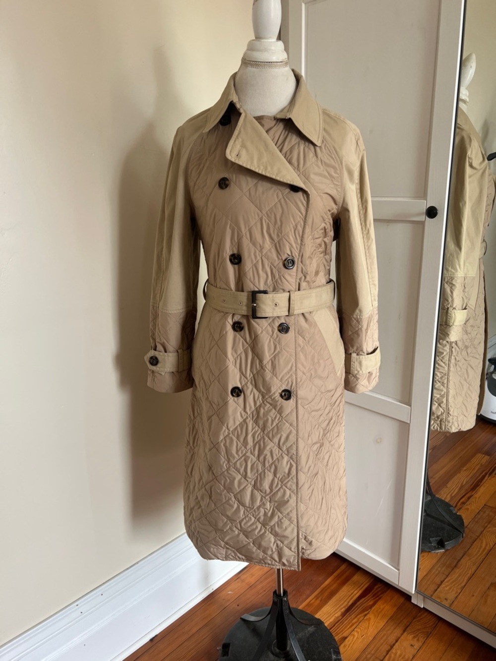 Ann Taylor Weekend Tan Quilted Mixed Media Double Breasted Trench Coat Size SP